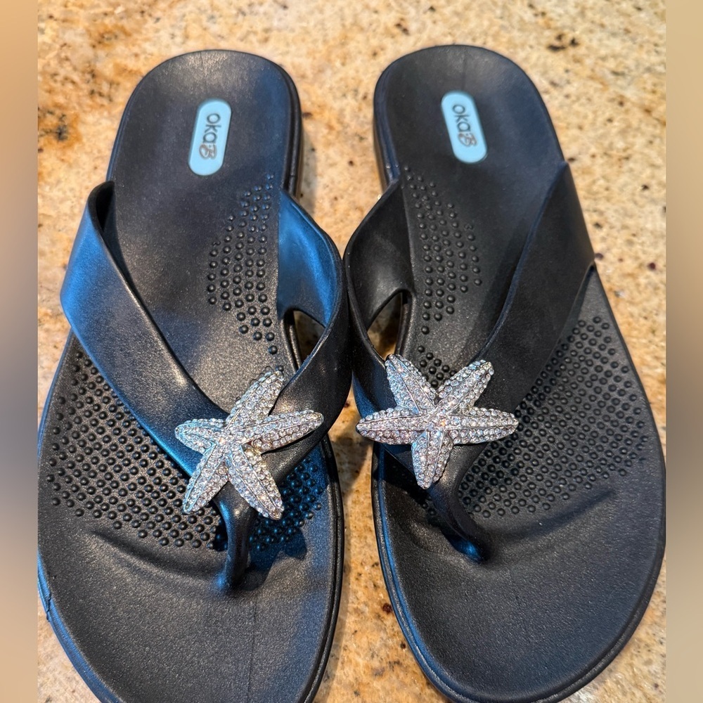 Black OKA B flip flops Sandals with diamond Starfish  - size L